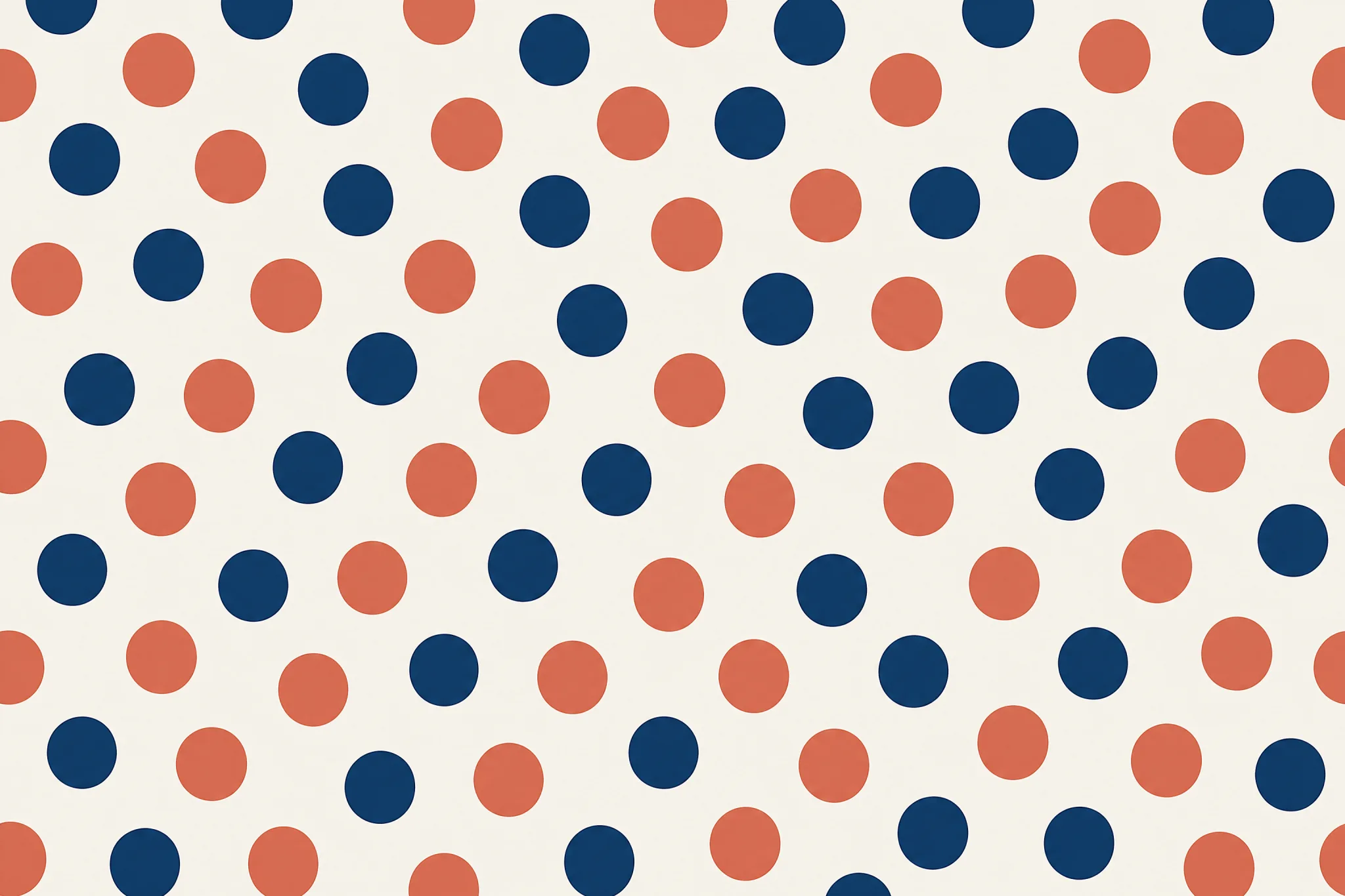 The Dot Scatter pattern laid flat: irregularly scattered filled circles of a single uniform diameter, deliberately non-grid placement, two colours, flat even fill
