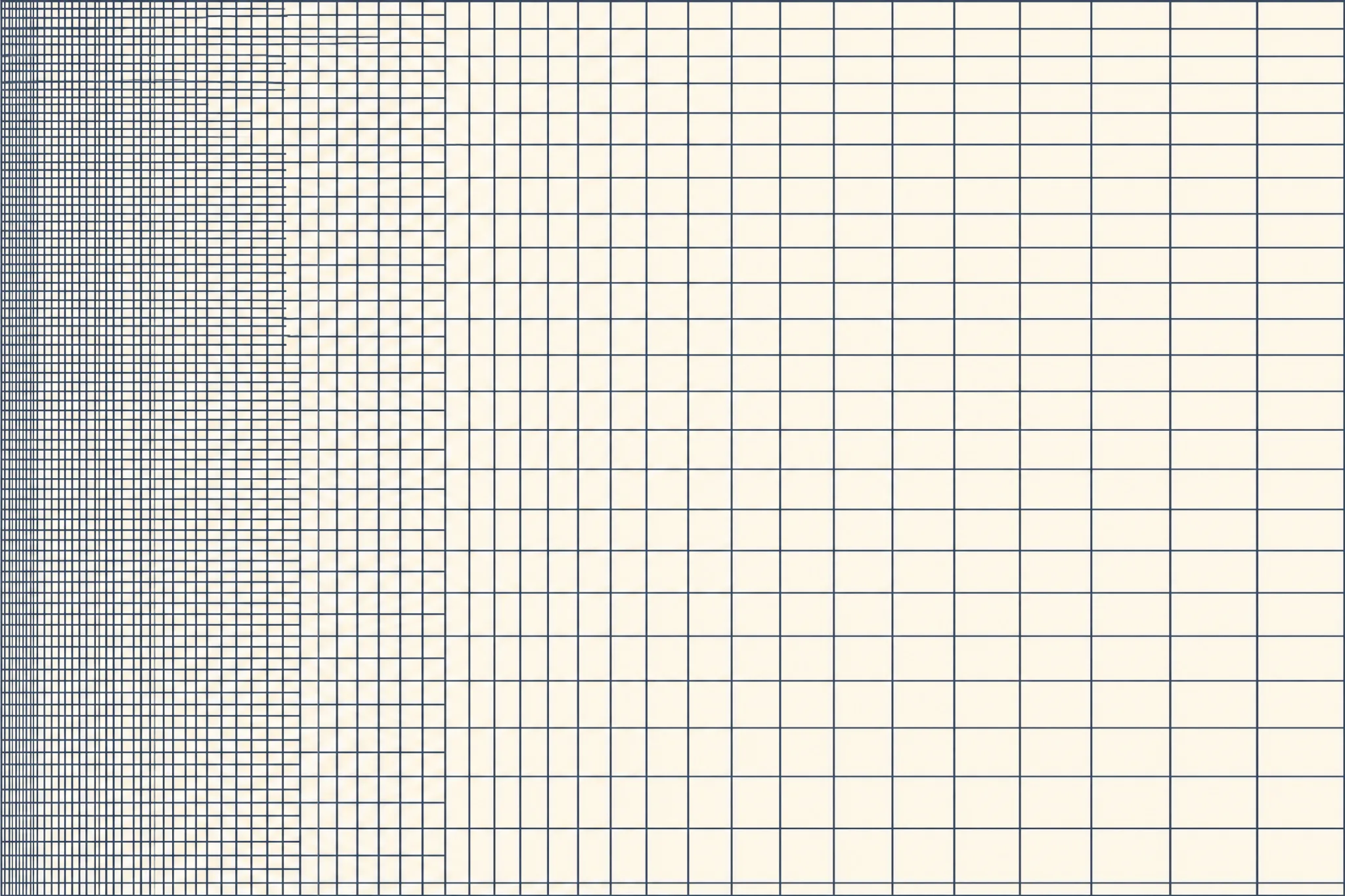 The Grid Fade pattern laid flat: a grid of thin lines whose cell spacing widens progressively from very dense at one edge to very open at the opposite edge, constant line weight, two colours