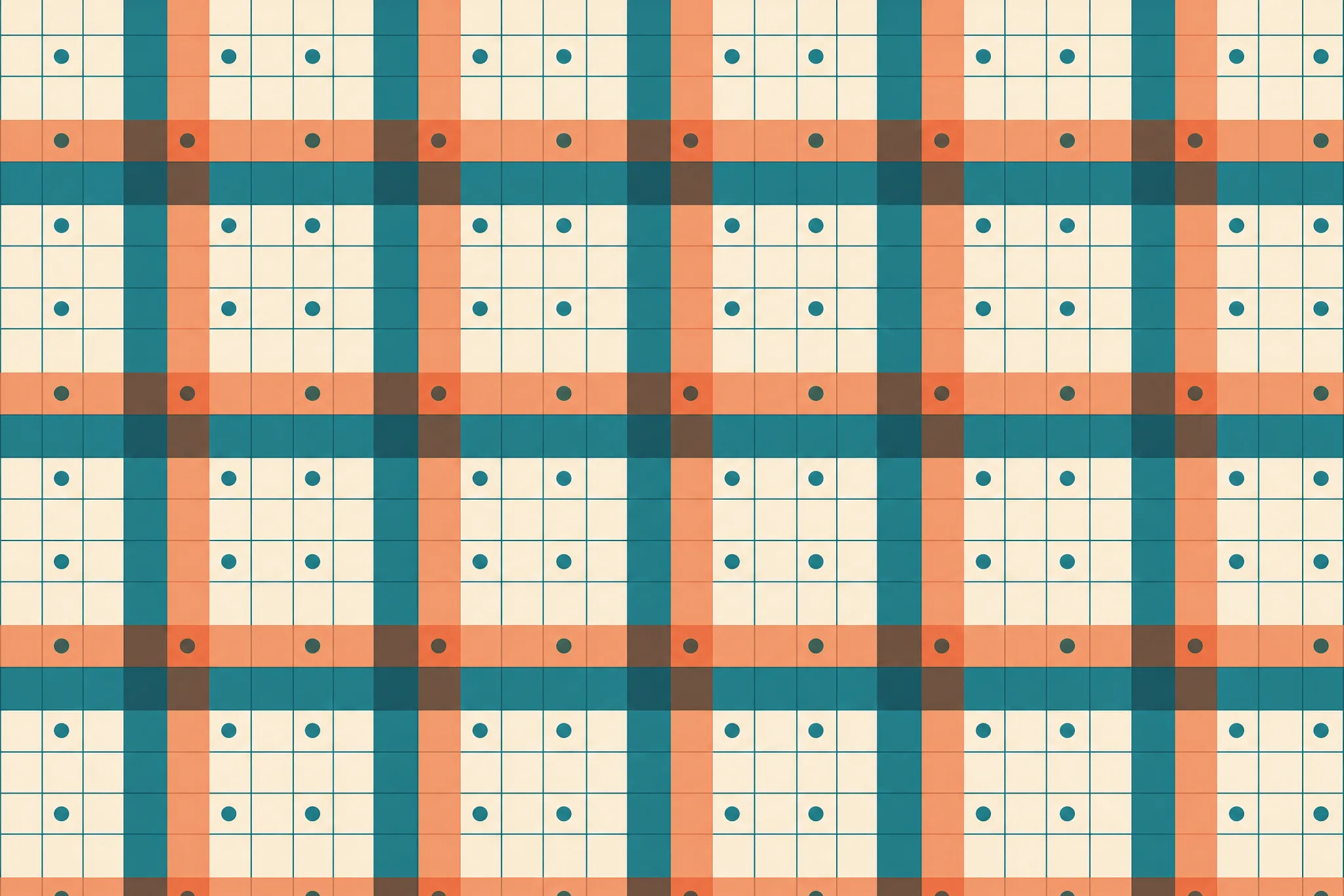 The Geometric Premium pattern laid flat: three distinct geometric layers overlaid — a fine grid, a set of wide bands and a scatter of dots — where layers overlap a fourth colour appears, four flat colours, precise registration