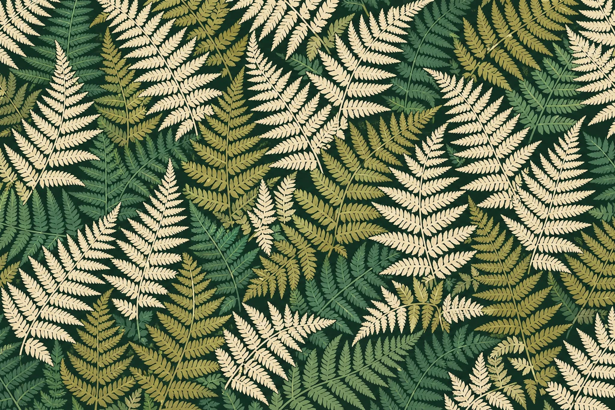 The Fern Dense pattern laid flat: densely overlapping fern frond silhouettes covering almost the entire surface, roughly ninety percent coverage, three colours, each frond individually drawn
