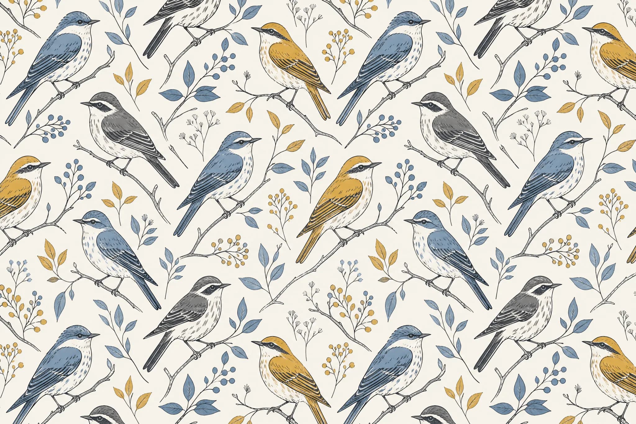 The Bird Study pattern laid flat: hand-drawn field-study sketches of small generic perched songbird silhouettes, invented composite forms not matching any identifiable species, loose ink line with light hatching, three colours