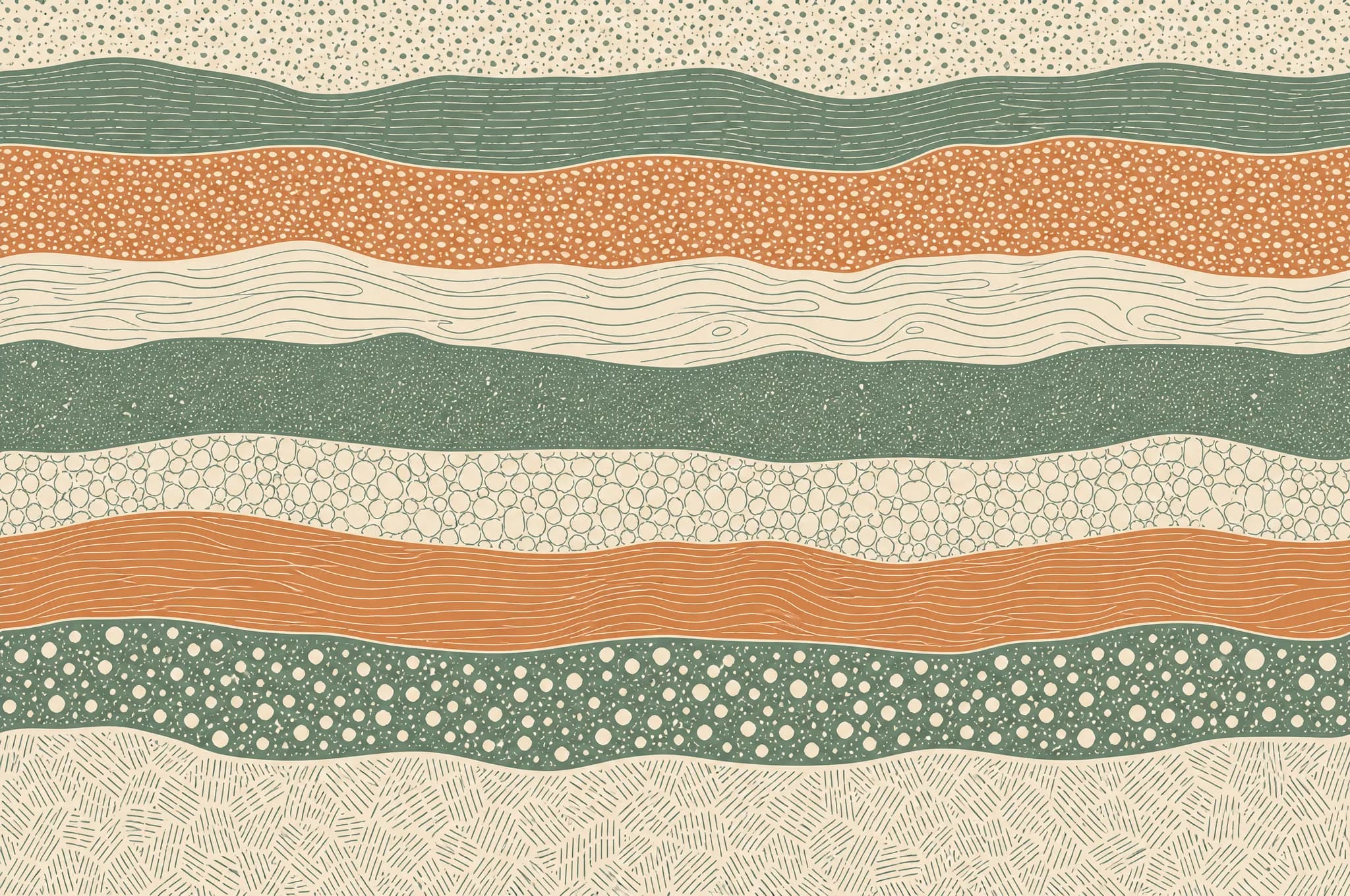 The Stone Layer pattern laid flat: horizontal geological sedimentary strata of uneven thickness, each layer filled with a different hand-drawn grain texture, three colours, no mirroring
