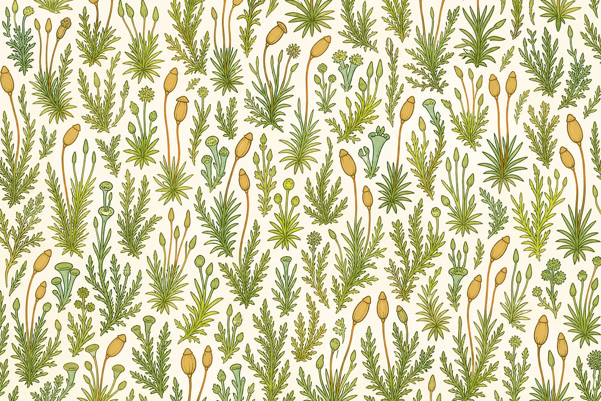 The Moss Macro pattern laid flat: moss drawn at extreme magnification with each individual shoot and spore capsule separated and legible, dense but readable, four colours, flat illustration not photography