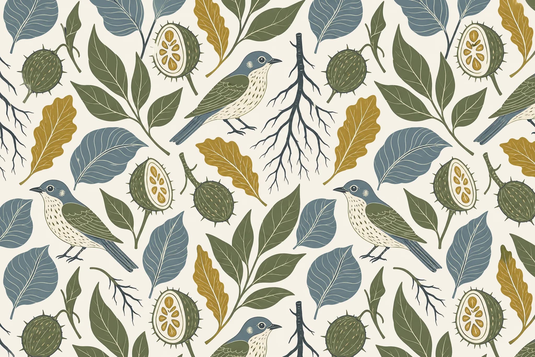 The Nature Premium pattern laid flat: one composed study plate combining leaf outlines, cut seed pods, a branching root and a small generic bird form at consistent scale, arranged like a naturalist plate, four colours, invented species only