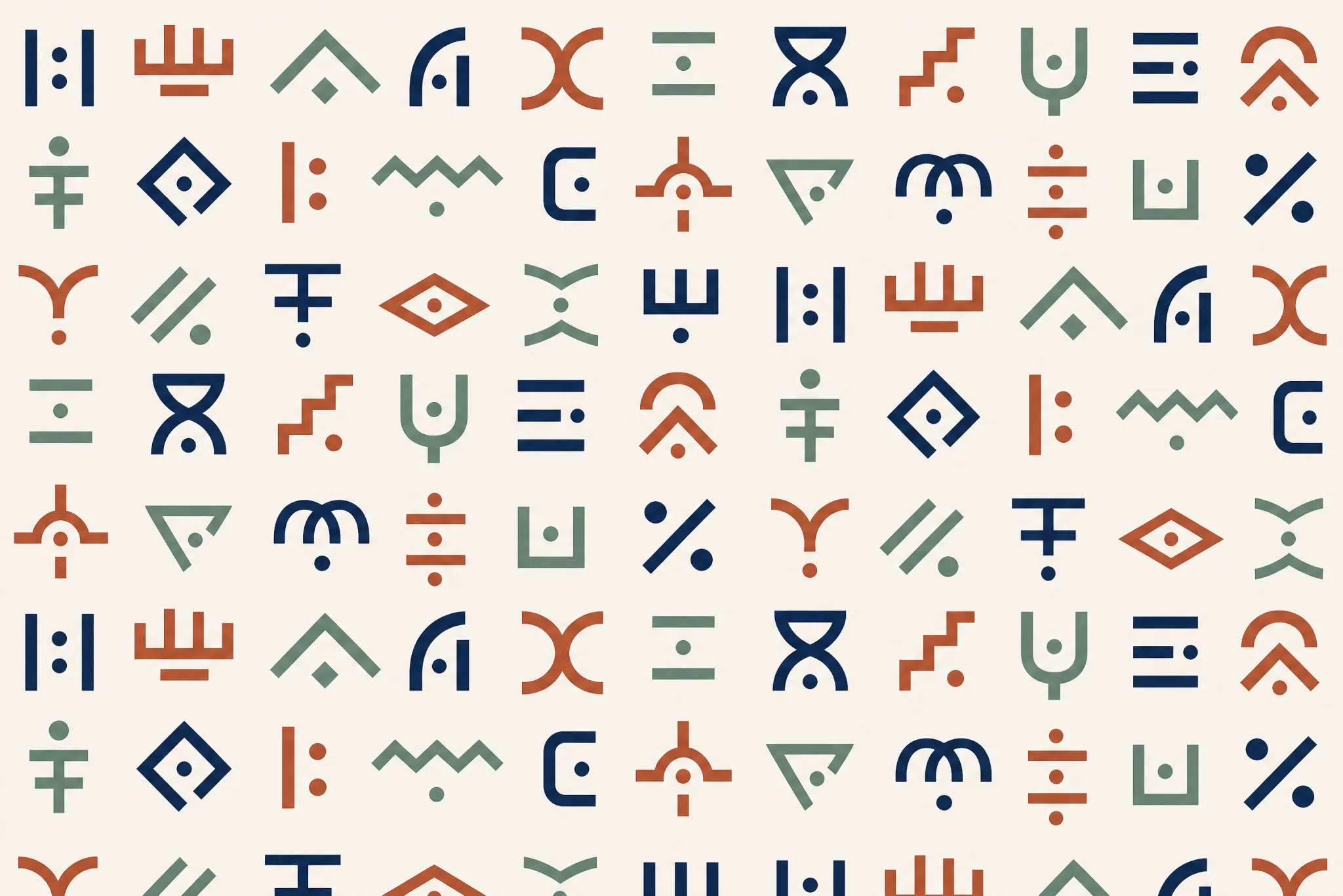 The Glyph Set pattern laid flat: twenty-eight invented glyph shapes built from a shared stroke vocabulary so they resemble a writing system, explicitly not corresponding to any real alphabet, script, syllabary or religious symbol set, three colours, even spacing