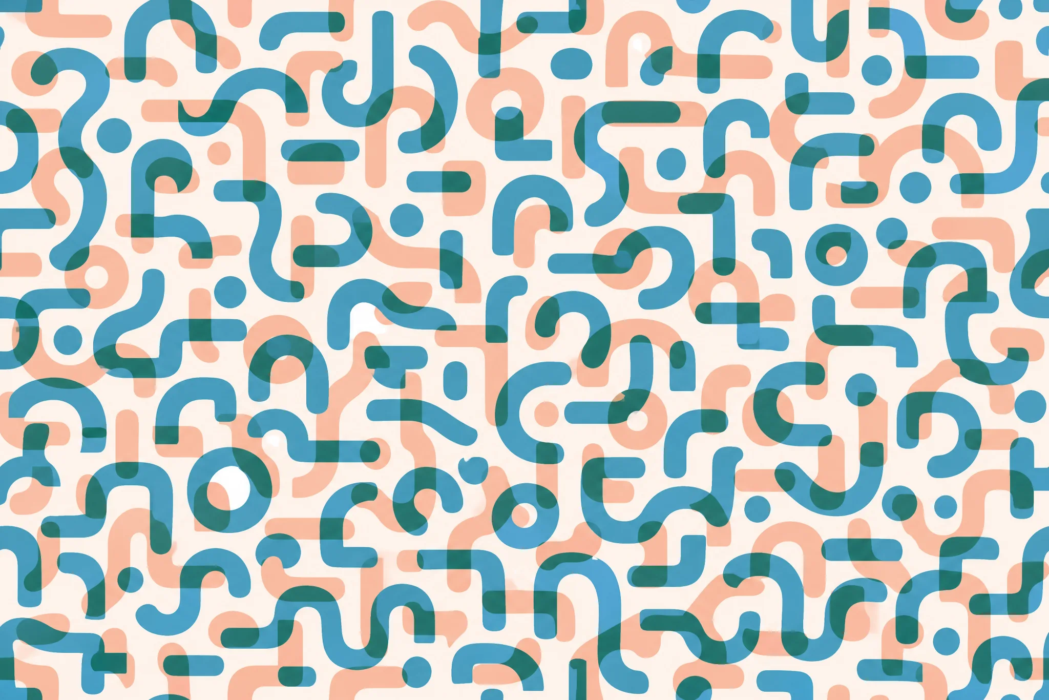 The Mark Overprint pattern laid flat: an array of invented abstract marks overlaid with a second copy of itself offset by 2 mm, deliberate misregistration, the overlap forming a third colour, three colours