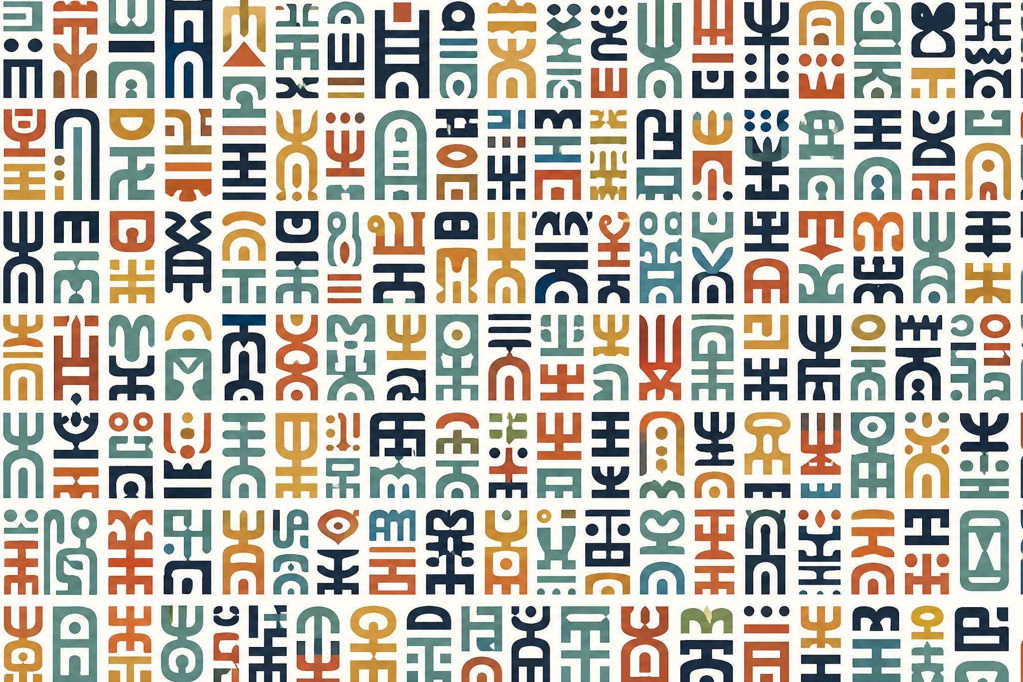 The Type Premium pattern laid flat: invented glyphs, custom numerals and abstract marks set together on a shared baseline grid at four different sizes, dense typographic composition, glyphs invented and unreadable, four colours