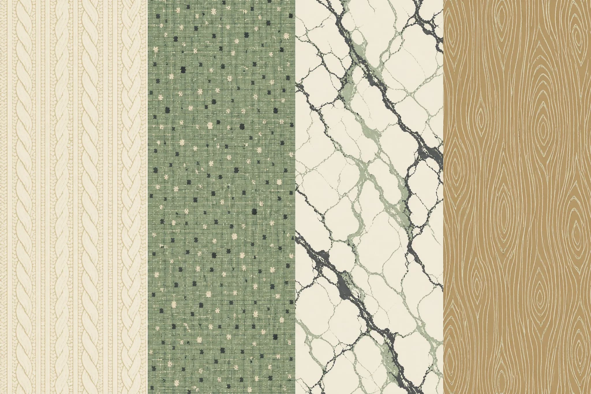 The Illusion Premium pattern laid flat: four imitated material textures — cable knit, tweed flecking, marble veining and wood grain — cut into panels and joined along hard straight seams for side-by-side comparison, all flat printed illustration, four colours