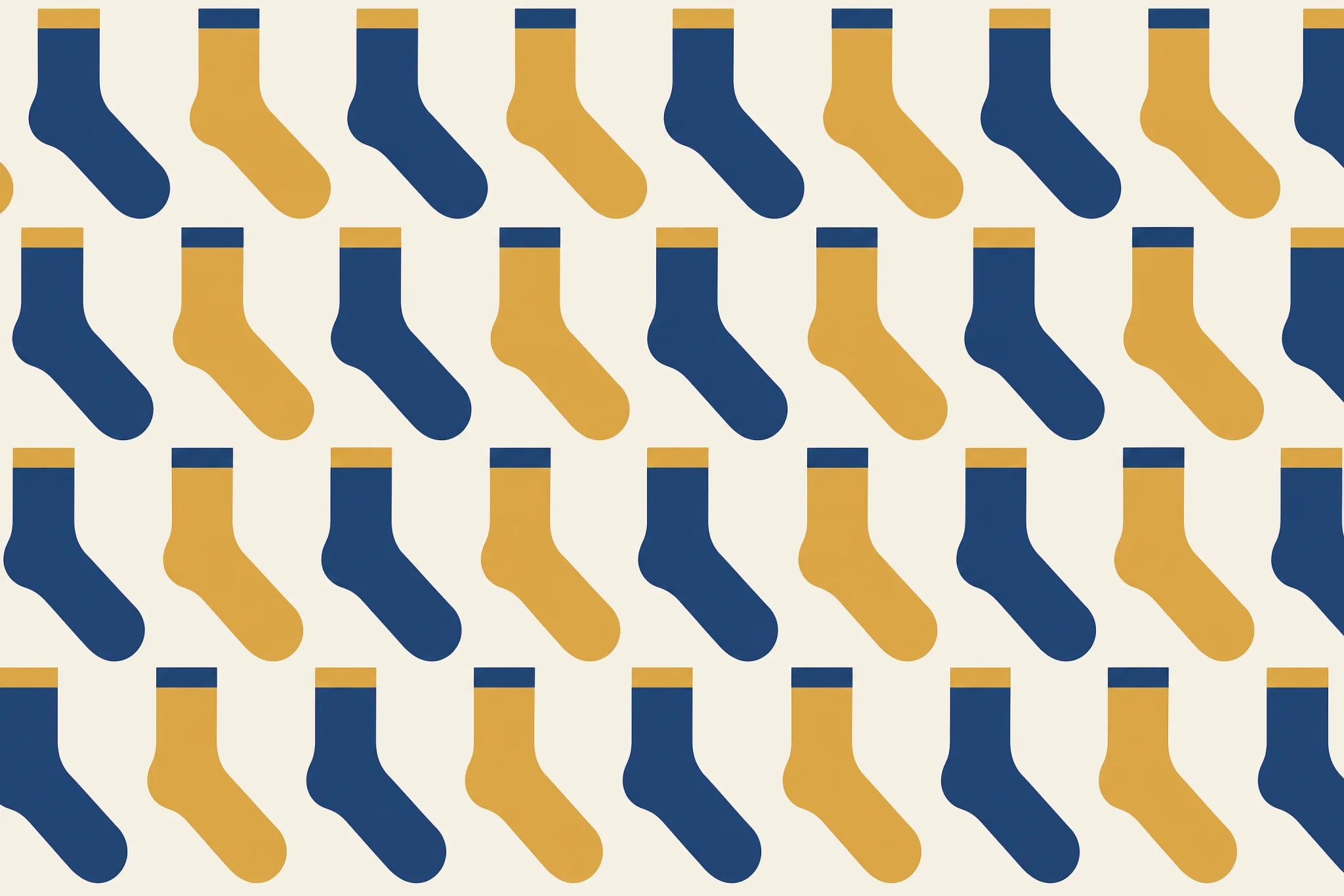 The Odd Pair pattern laid flat: two socks laid side by side in clearly different solid colours with their cuff bands swapped so each carries a band of the other's colour, deliberate mismatched pair, two flat colours