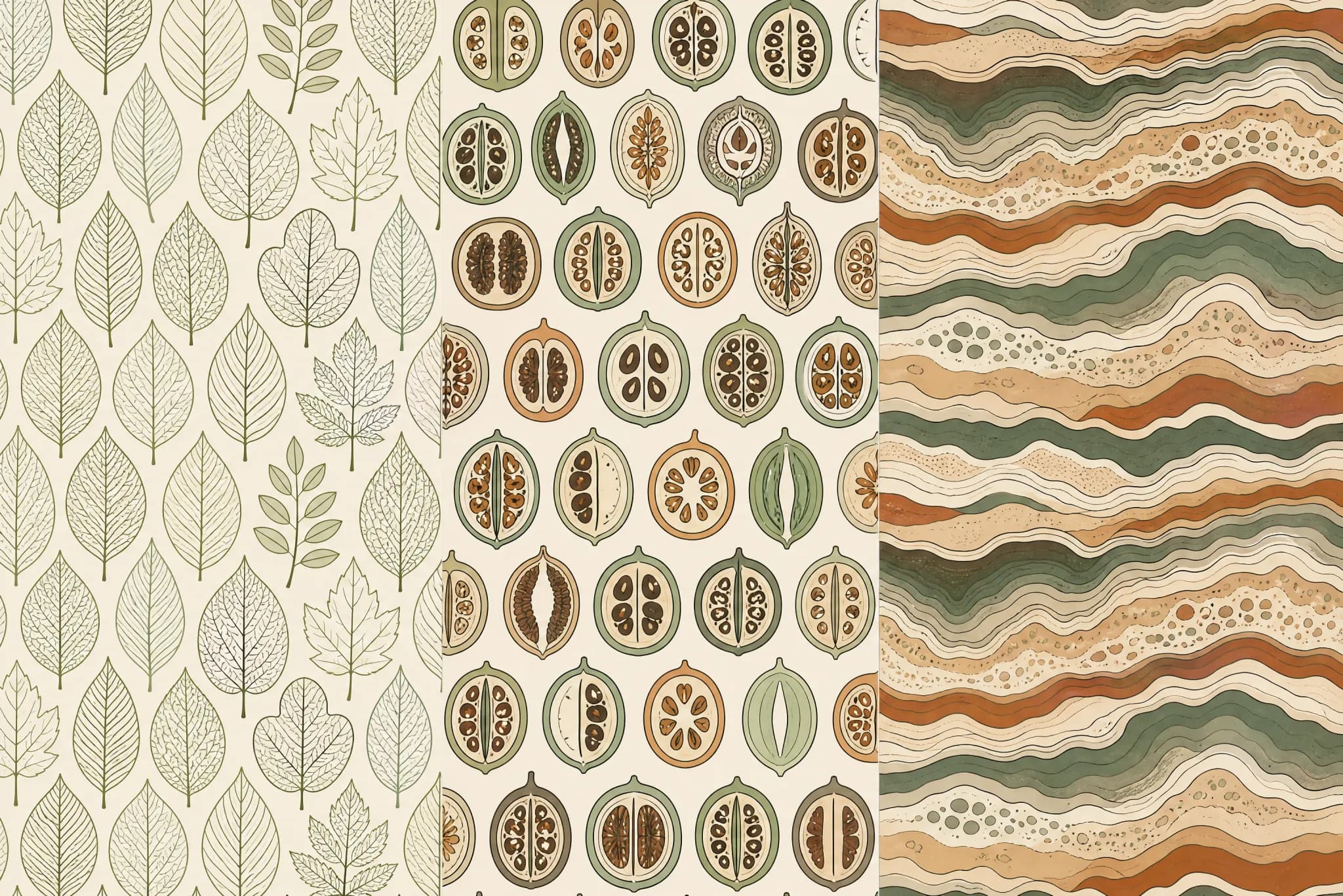 The Nature 3-Pack pattern laid flat: three flat pattern design sheets laid side by side — outline leaf drawings, cut seed pod cross-sections, and horizontal geological strata — presented as one comparison plate