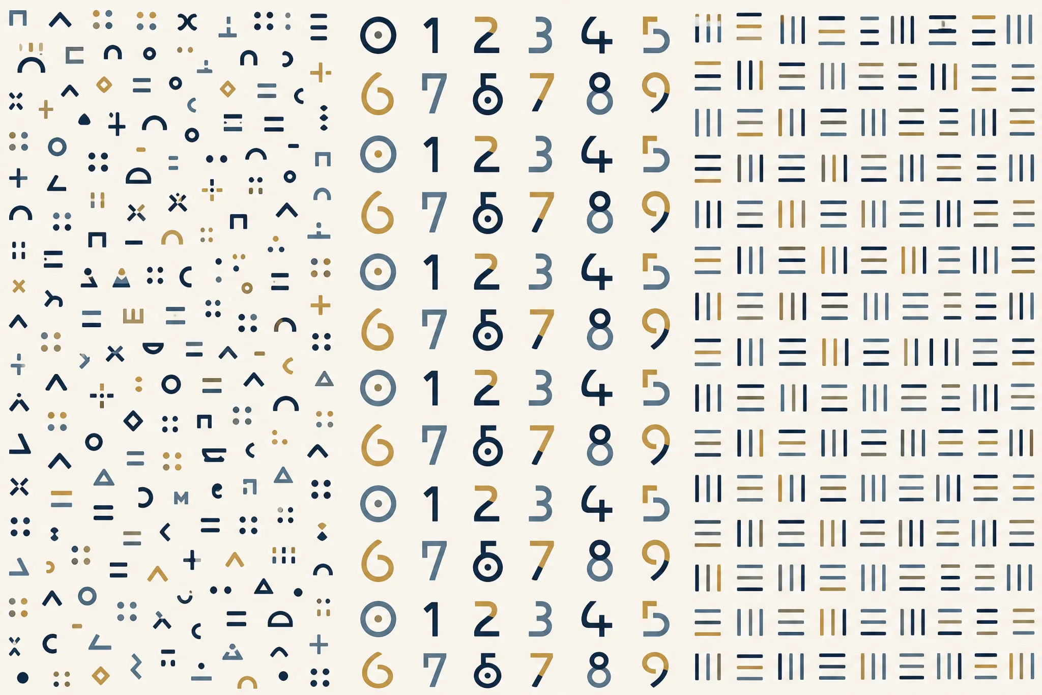 The Mark 3-Pack pattern laid flat: three flat pattern design sheets laid side by side — small invented abstract marks, a grid of custom numerals, and rhythmic dashes — presented as one comparison plate, no real writing system