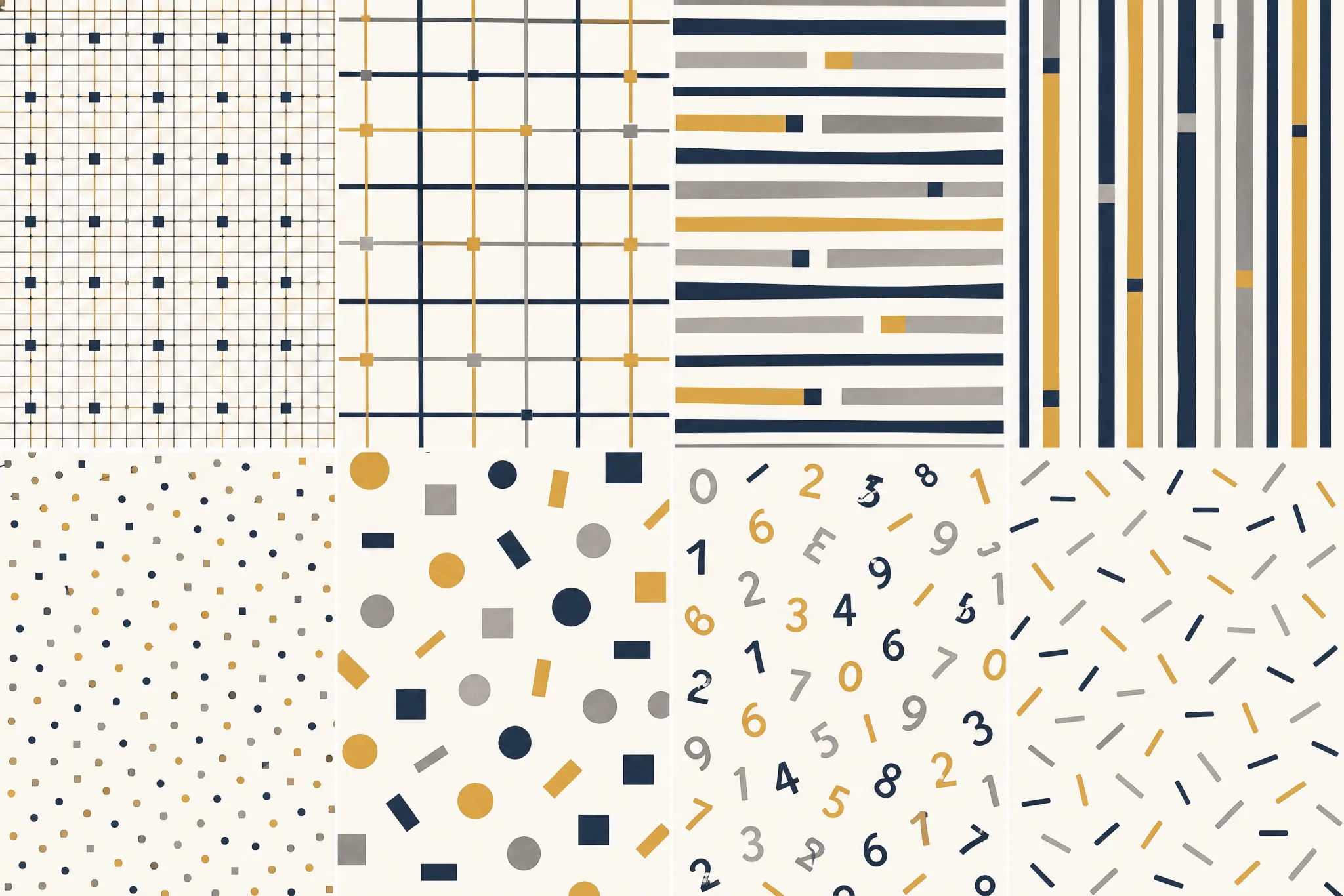 The Pattern 8-Pack pattern laid flat: eight flat pattern design sheets arranged in a two-by-four grid — four geometric drawings (fine grid, wide grid, uneven bands, vertical stripes) and four mark drawings (small marks, large marks, numerals, dashes) — as one large comparison plate