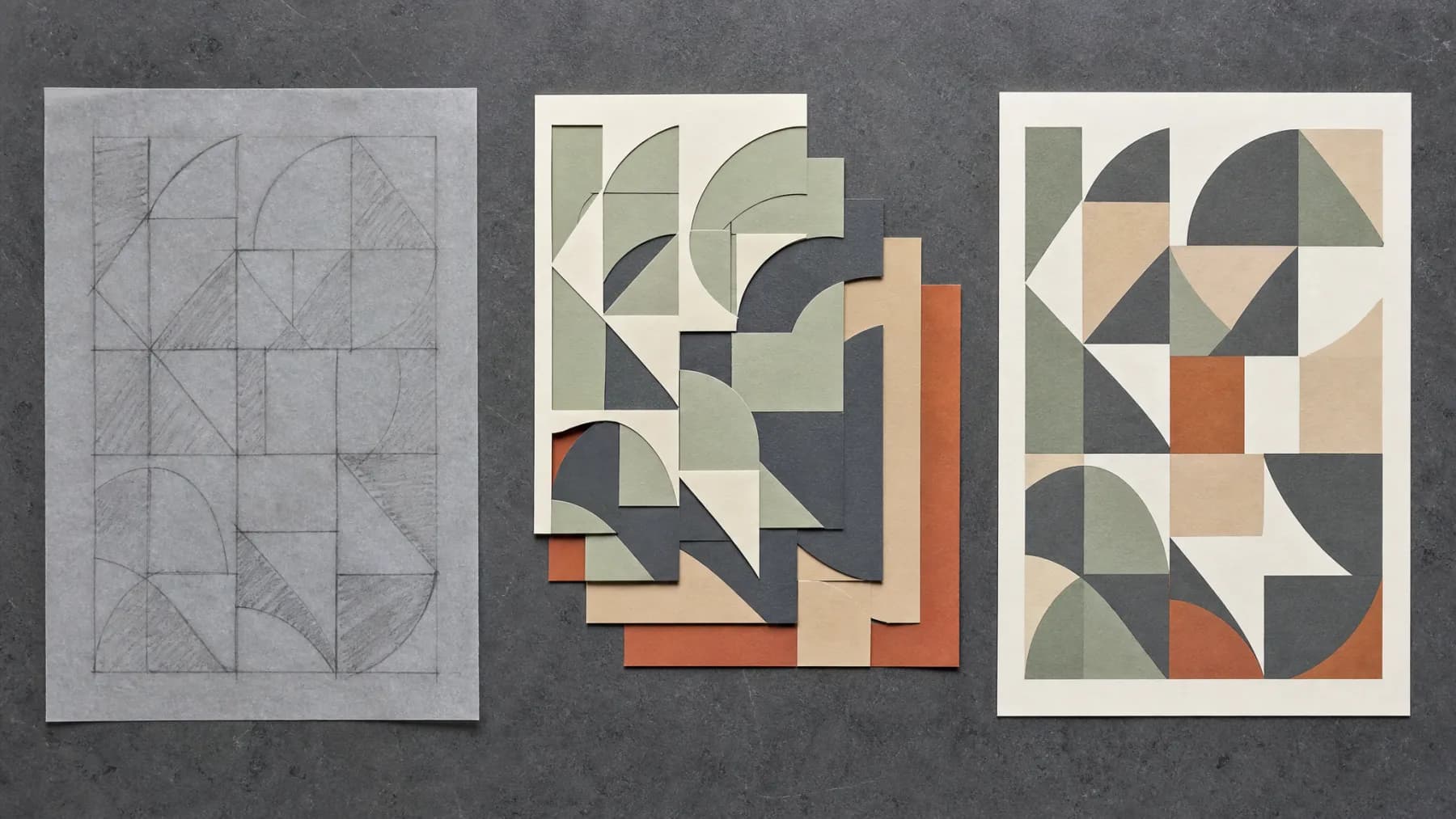 Three stages of one pattern: a pencil sketch on tracing paper, the separated colour layers, and the finished printed sheet