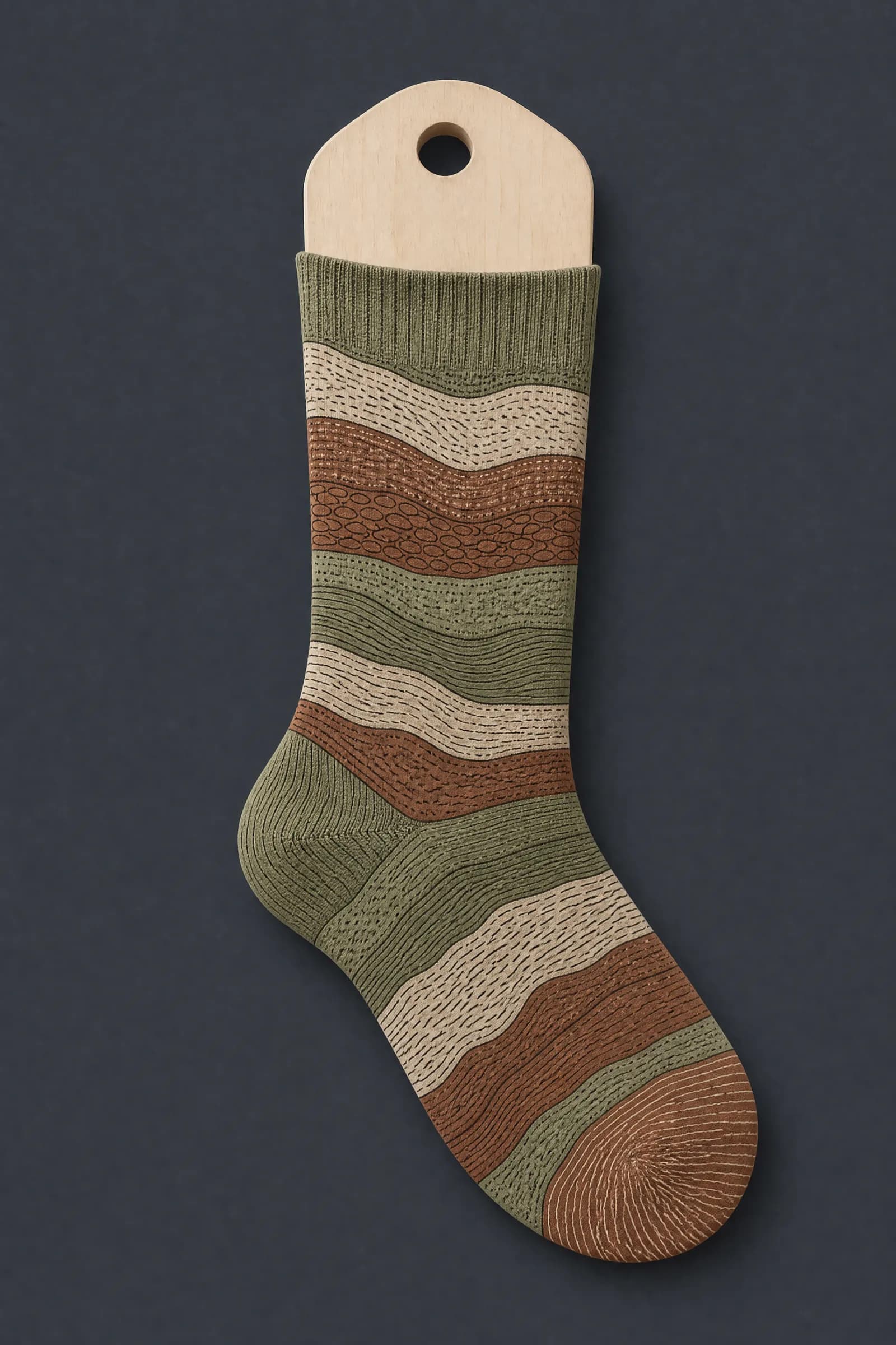 The Stone Layer pattern on a sock stretched over a sock form, showing how the drawing curves and compresses