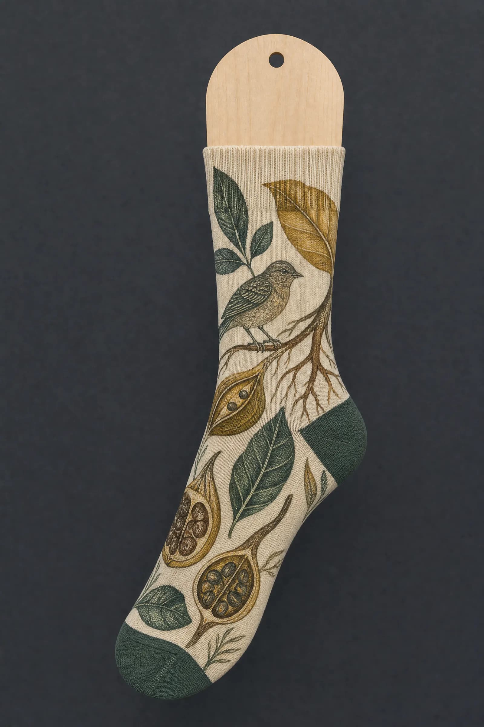 The Nature Premium pattern on a sock stretched over a sock form, showing how the drawing curves and compresses