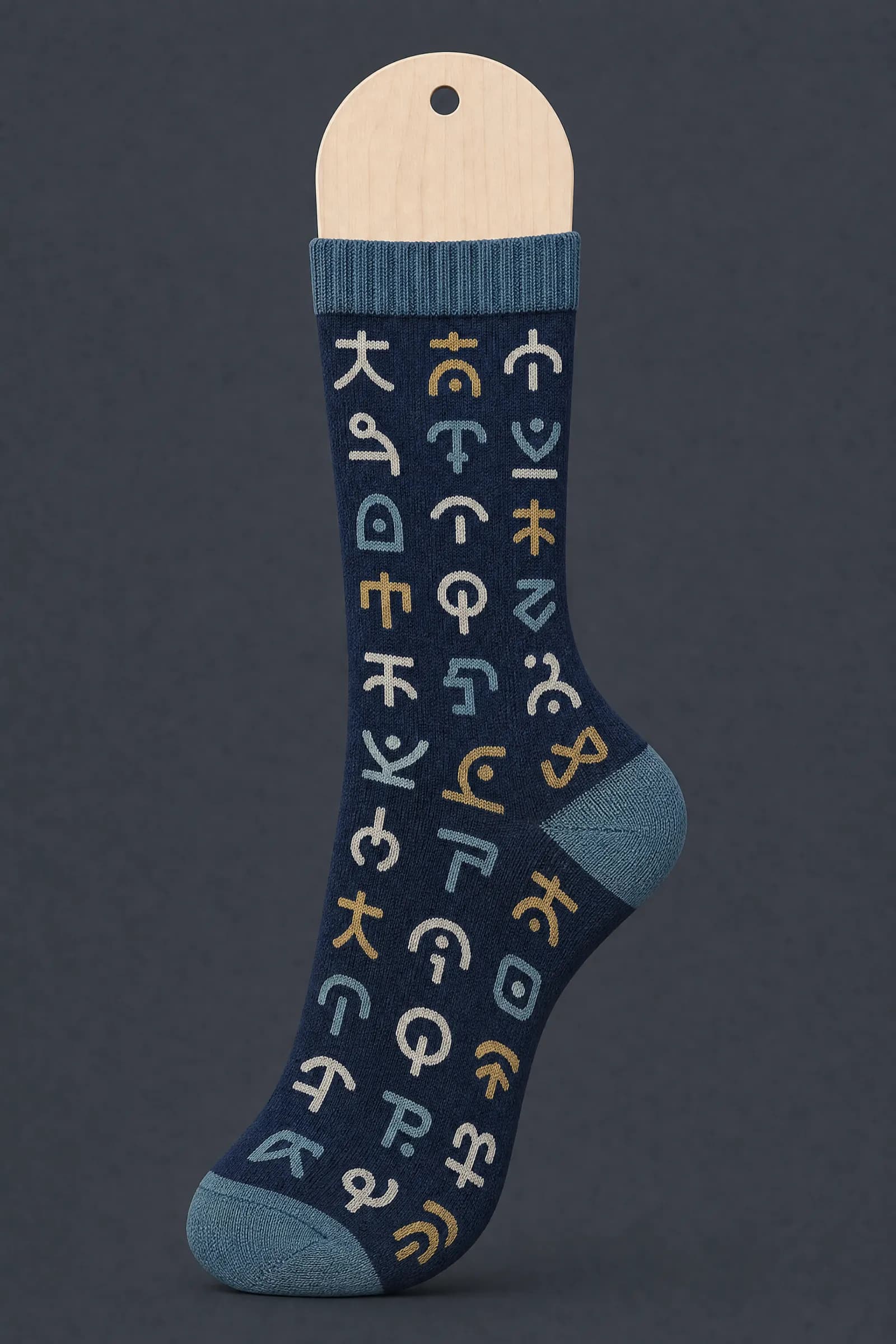 The Glyph Set pattern on a sock stretched over a sock form, showing how the drawing curves and compresses
