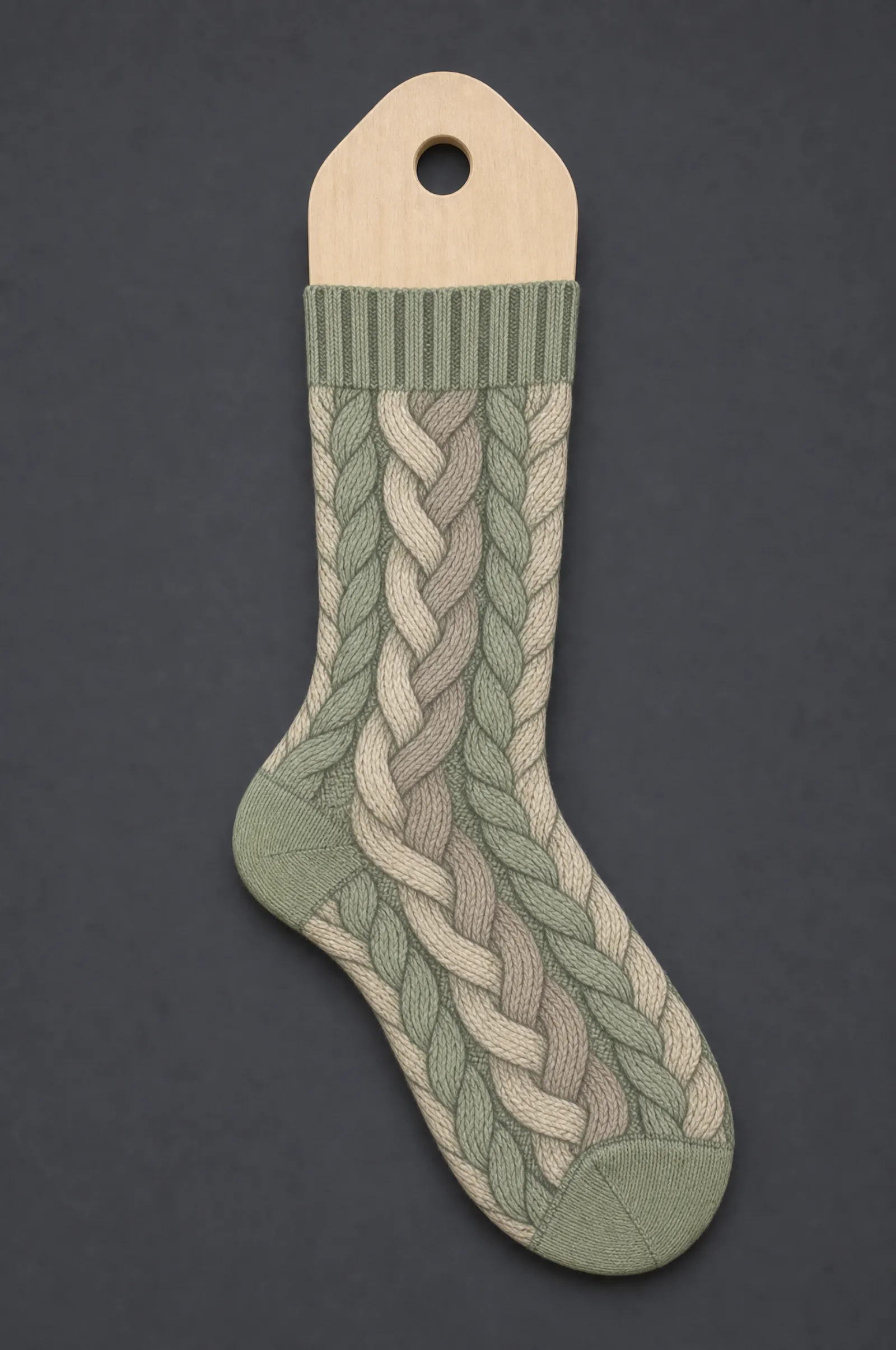 The Faux Cable pattern on a sock stretched over a sock form, showing how the drawing curves and compresses
