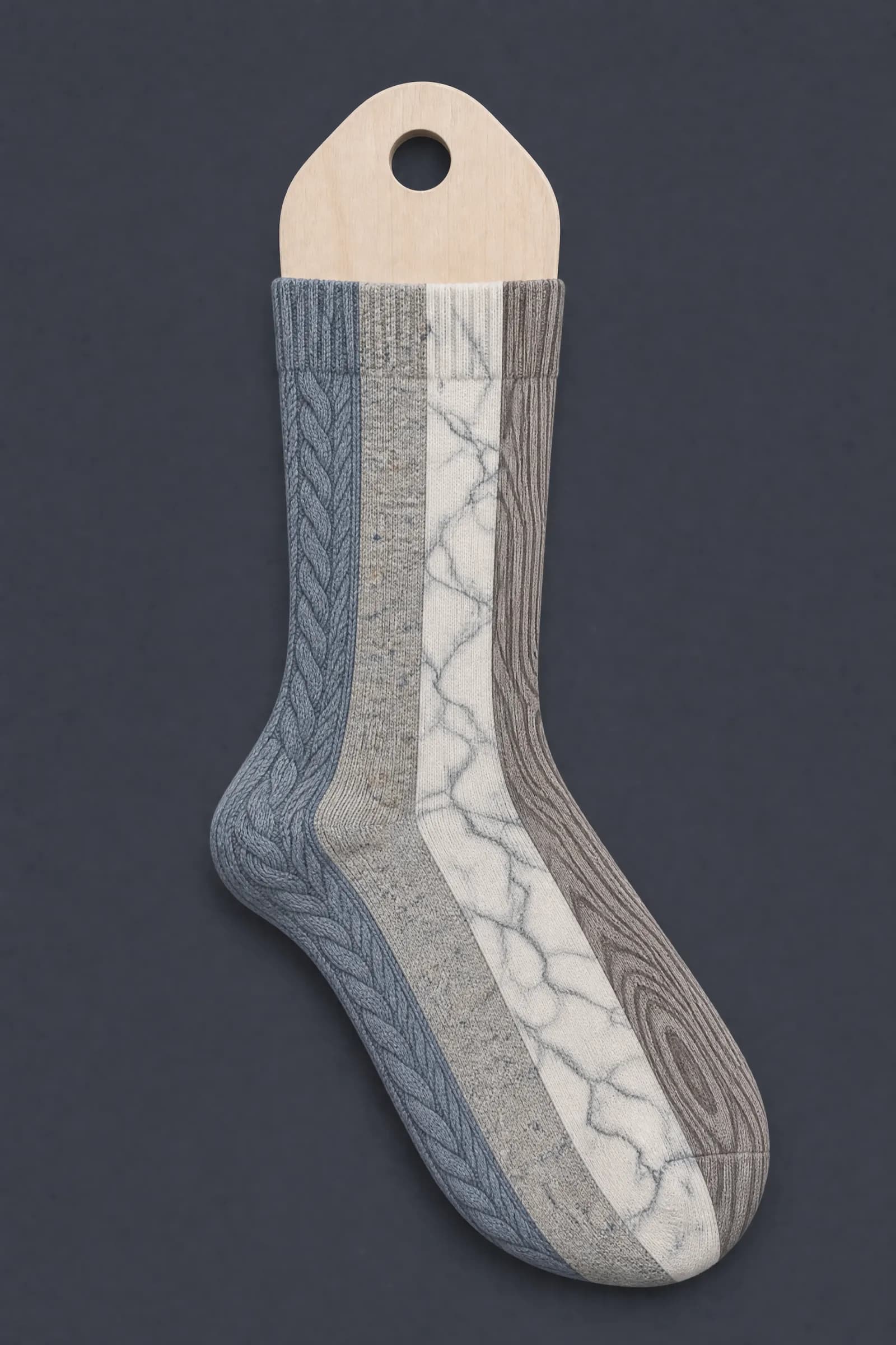 The Illusion Premium pattern on a sock stretched over a sock form, showing how the drawing curves and compresses