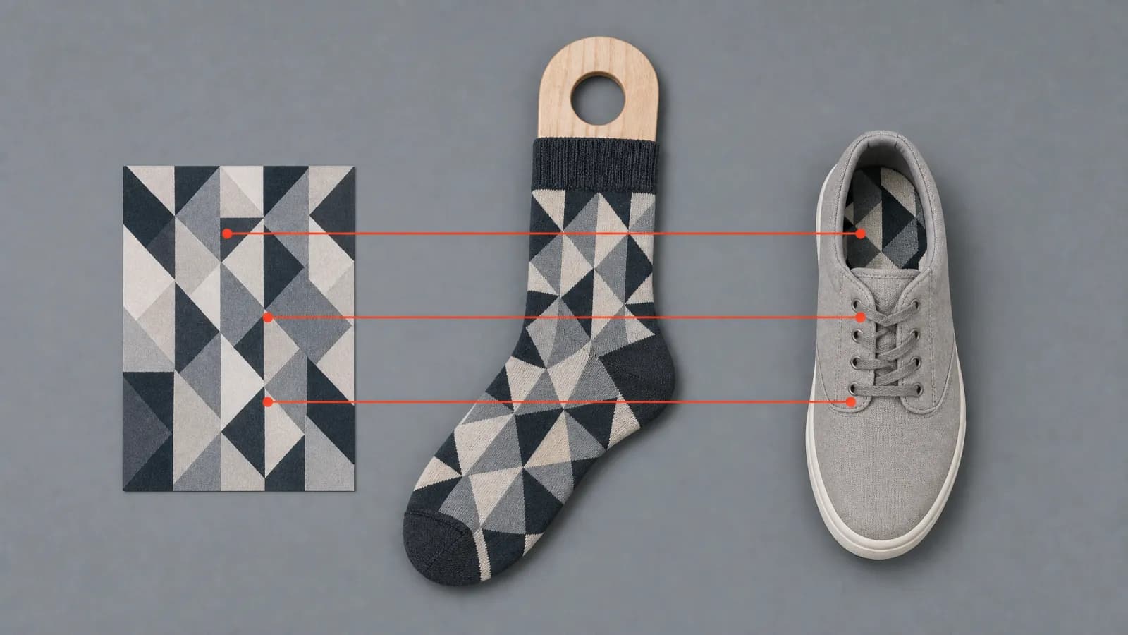 A three-step comparison of one pattern: flat, on a sock form, then inside a low-cut shoe
