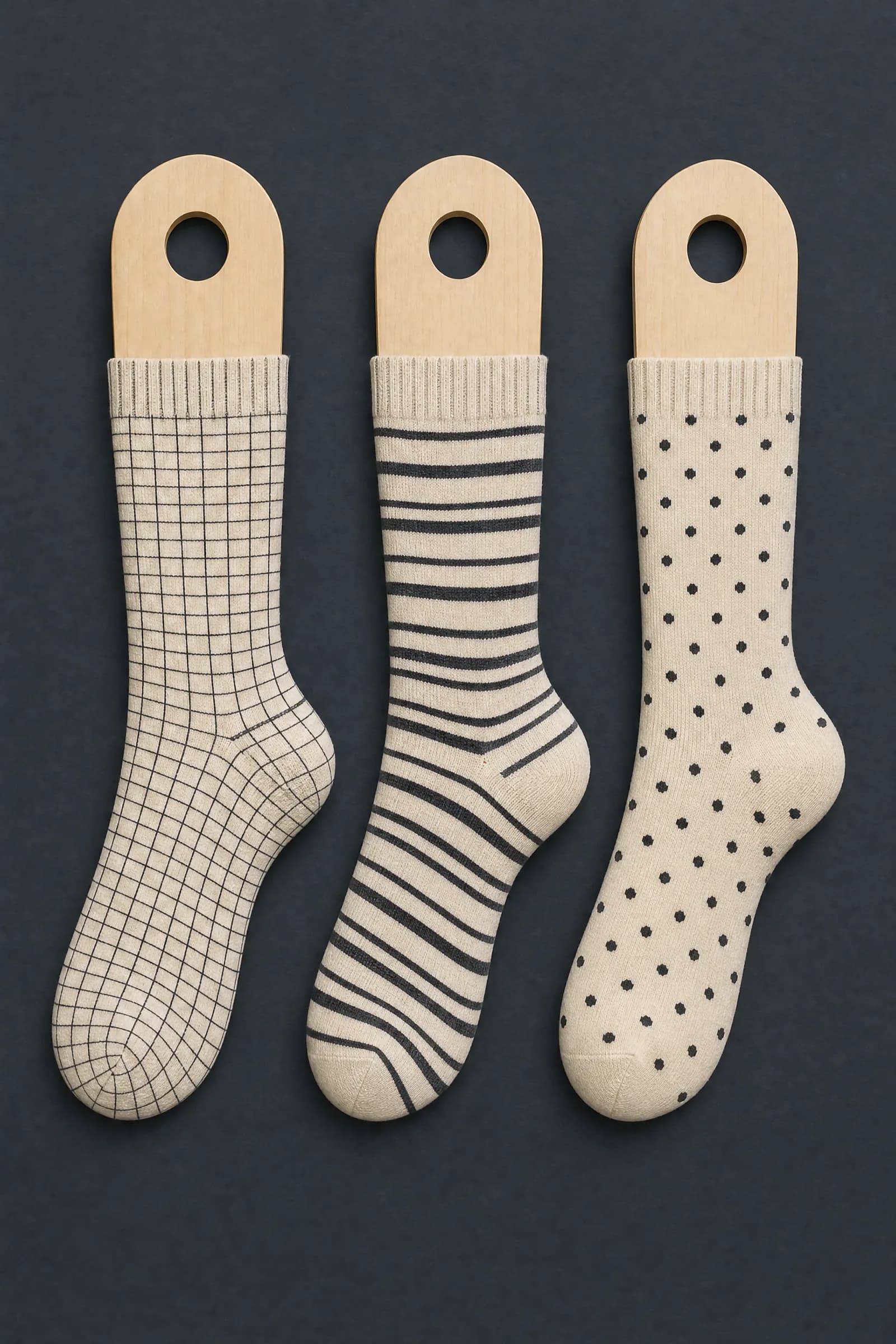 The Geometric 3-Pack pattern on a sock stretched over a sock form, showing how the drawing curves and compresses