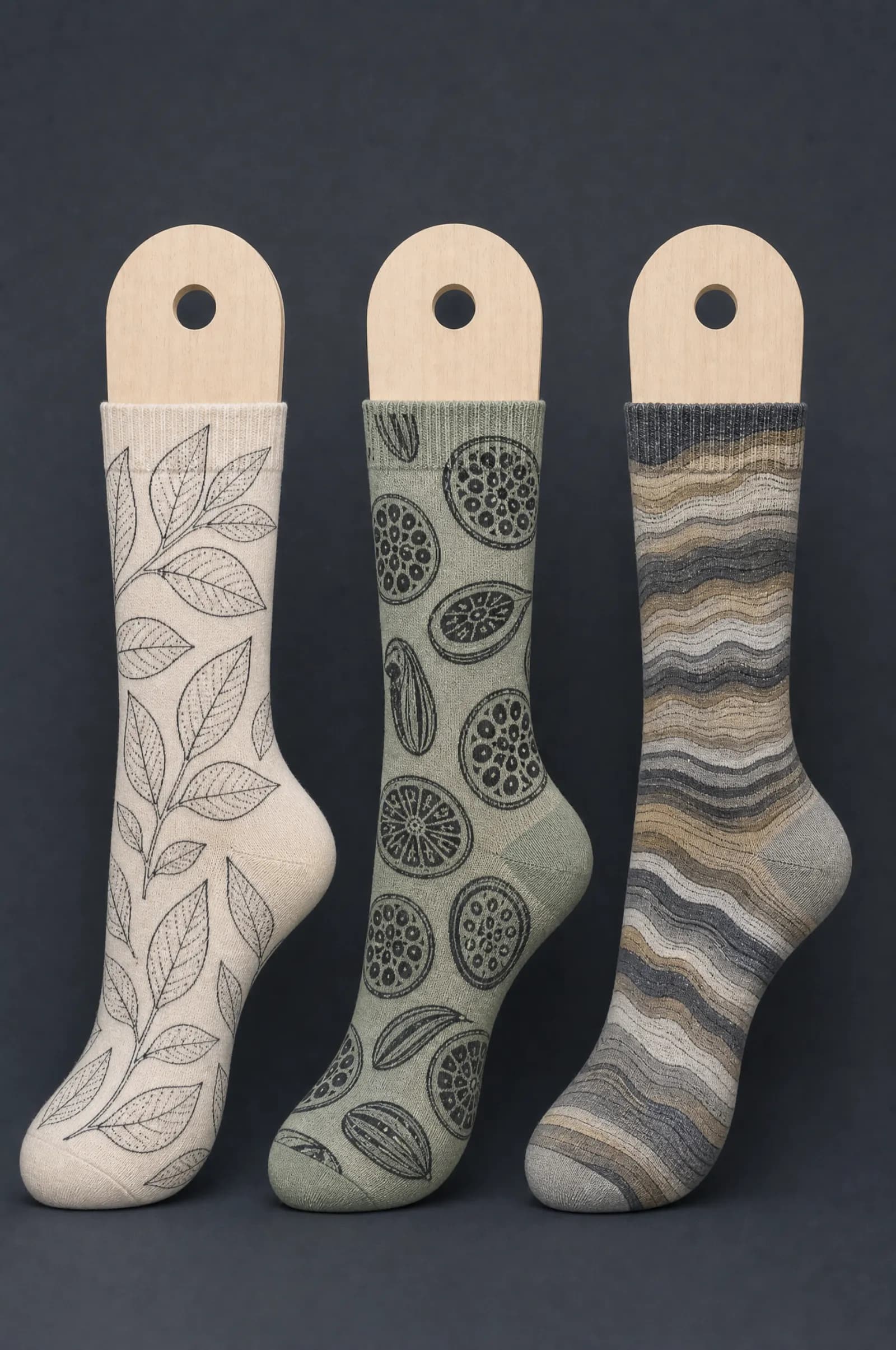 The Nature 3-Pack pattern on a sock stretched over a sock form, showing how the drawing curves and compresses