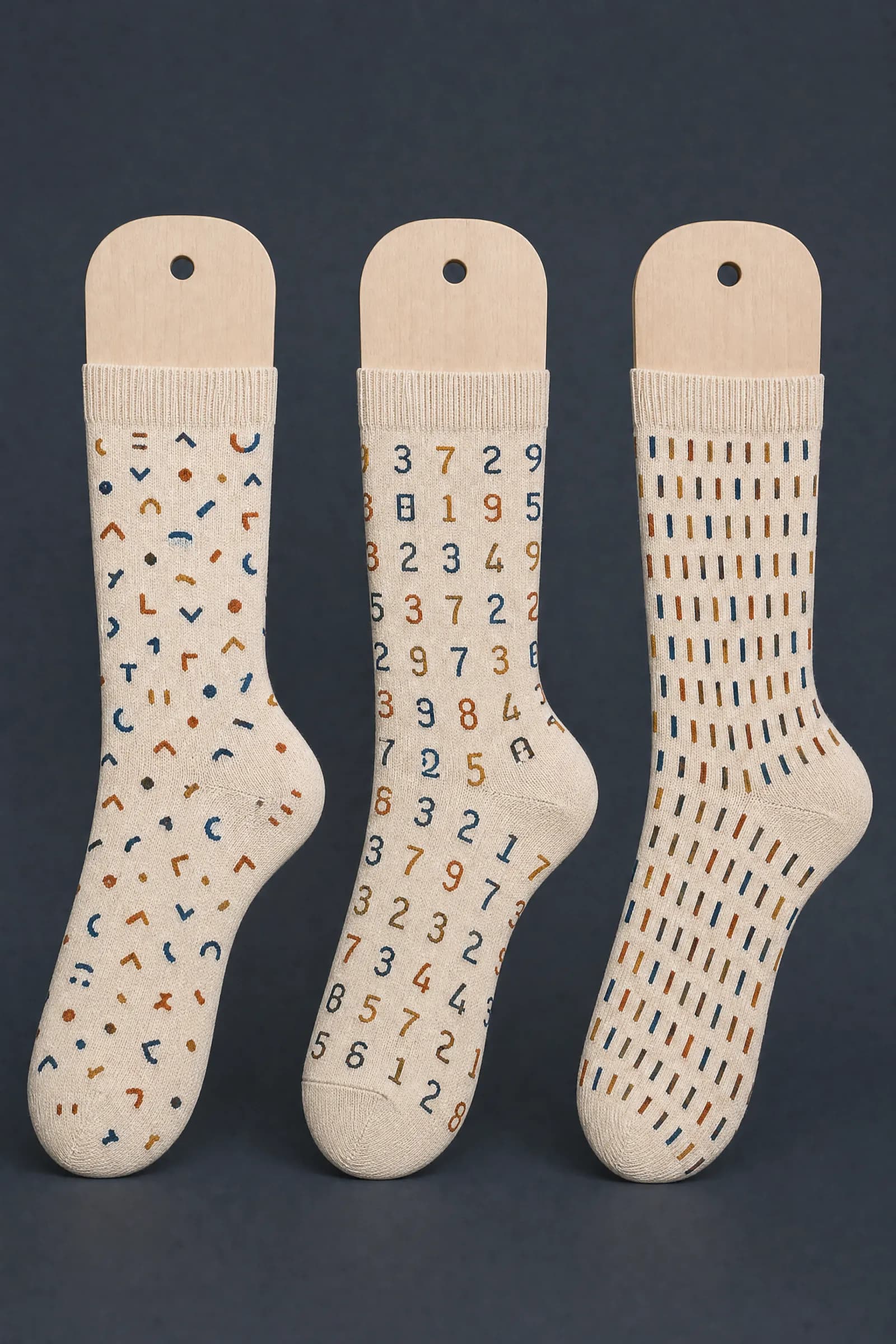 The Mark 3-Pack pattern on a sock stretched over a sock form, showing how the drawing curves and compresses