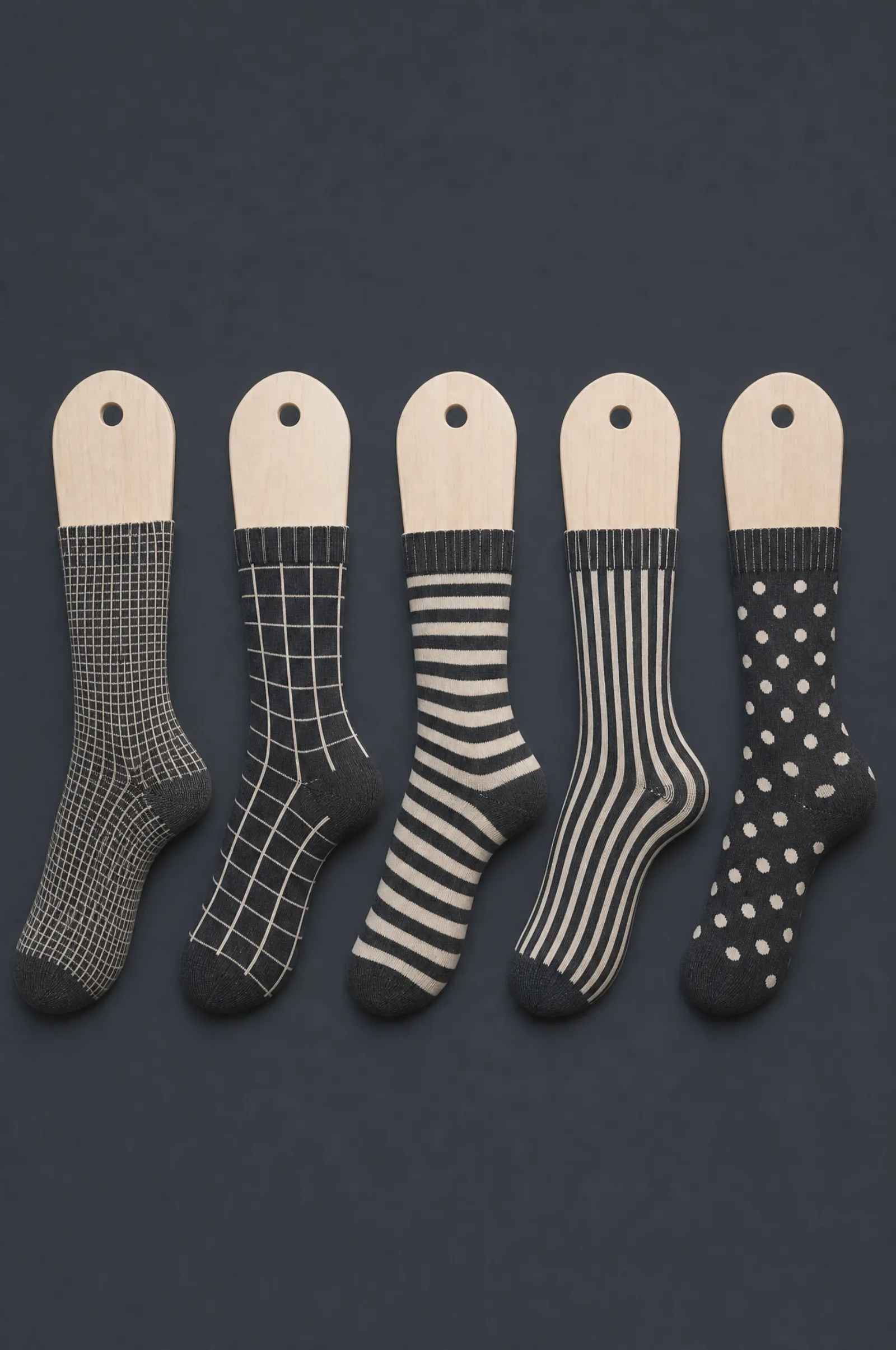 The Geometric 5-Pack pattern on a sock stretched over a sock form, showing how the drawing curves and compresses