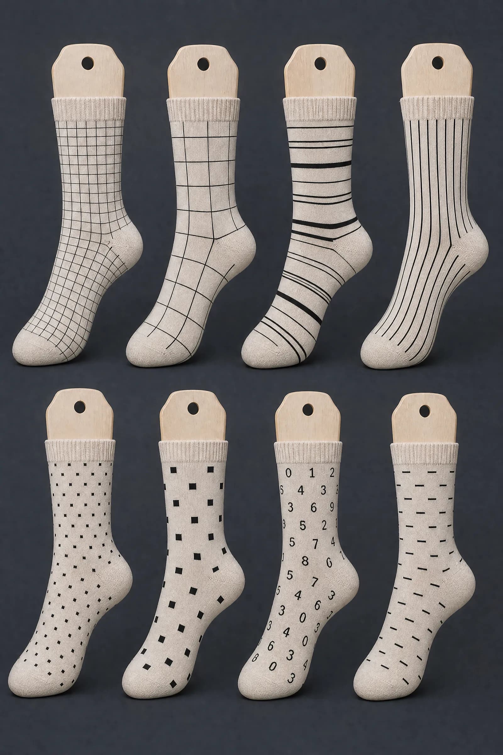 The Pattern 8-Pack pattern on a sock stretched over a sock form, showing how the drawing curves and compresses
