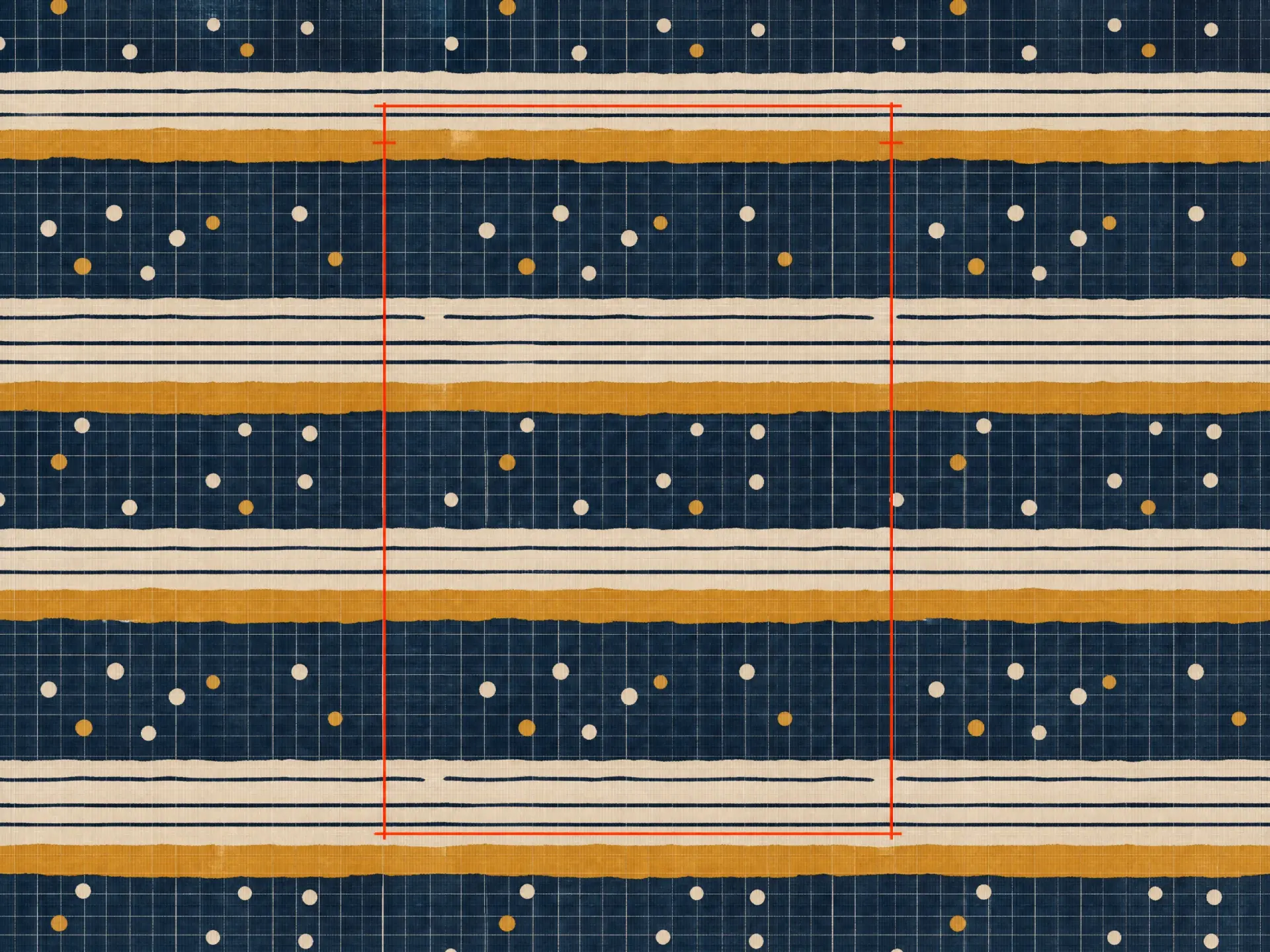 An Inkstep pattern laid out flat as a design sheet. Thin vermilion measurement lines bracket one complete repeat of the pattern.